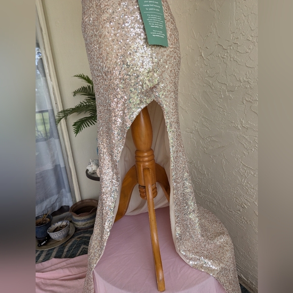 Champagne Sequin Gown, One-Shouldered Spaghetti Strap w/ Sweep Train by B. Smart - Picture 5 of 16